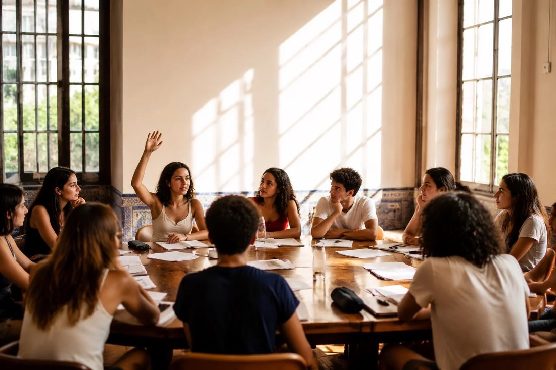 Estudantes de mochila conversando no corredor de uma universidade