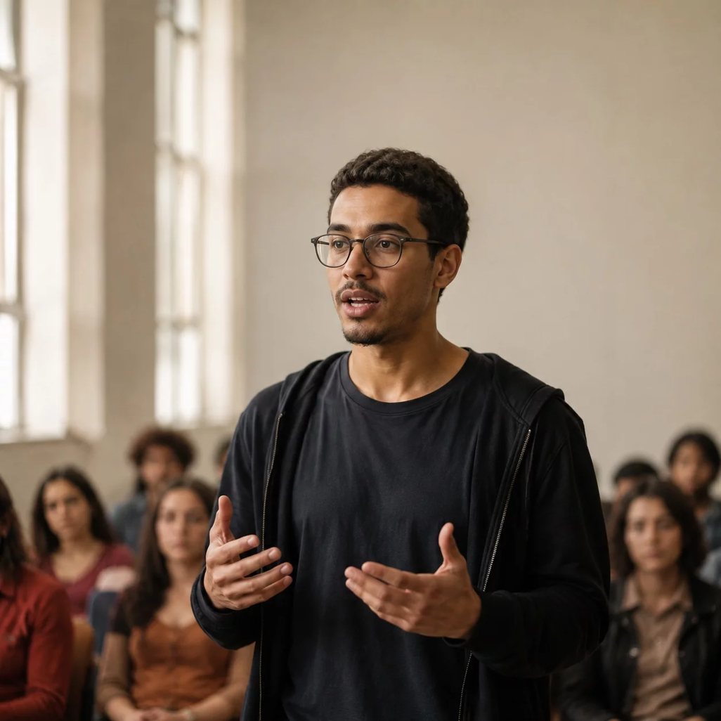 Participantes conversando em pé entre as estantes de uma biblioteca