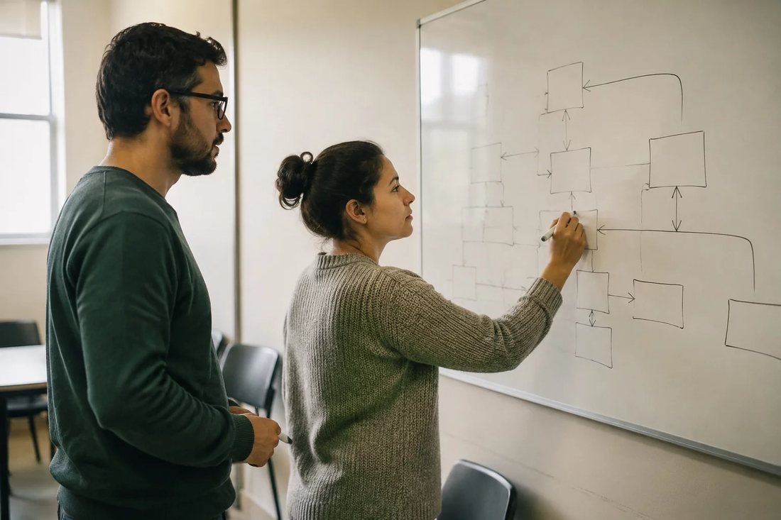 Duas pessoas diante de um quadro branco com um mapa de argumento desenhado à mão