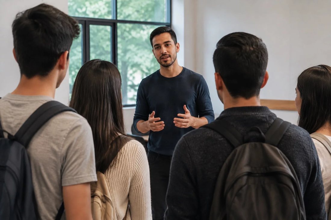 Grupo pequeno lendo folhas com argumentos impressos ao redor de uma mesa